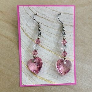 Elegant Sterling Silver & Pink Austrian Crystal Pink Heart Drop Earrings